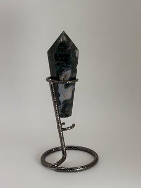 Polished Moss Agate Crystal Point on Metal Stand - Green & Gray
